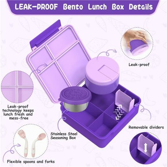 Kids Bento Lunch Box Set with Thermo Food Jar Leakproof School Lunch Bag - Picture 7 of 8